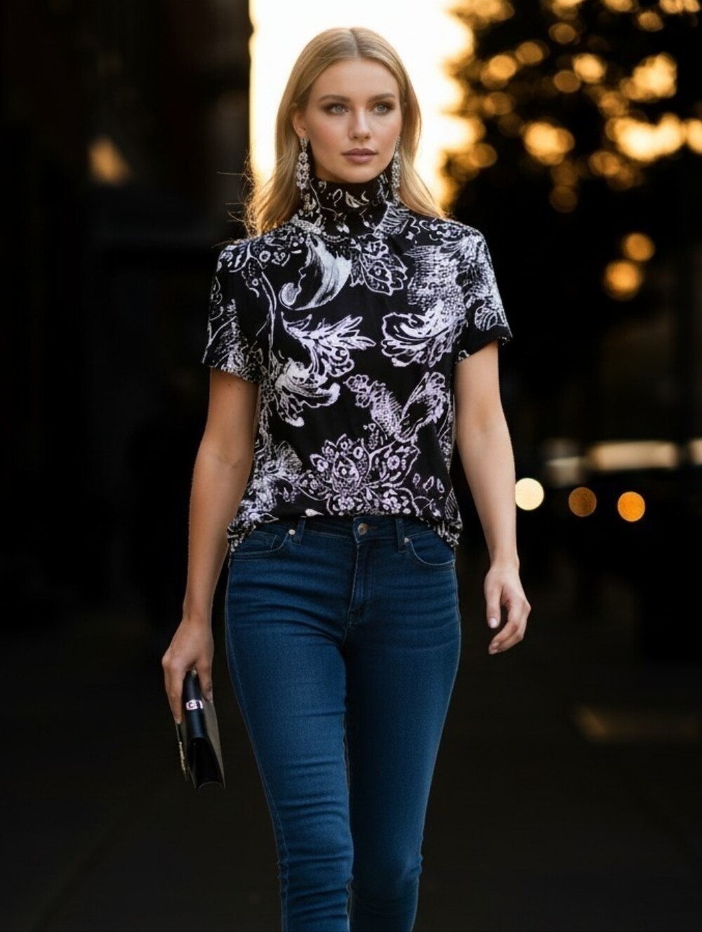 Vinyage Violet & Claire Black and White Paisley Mock-Neck Short Sleeve Top